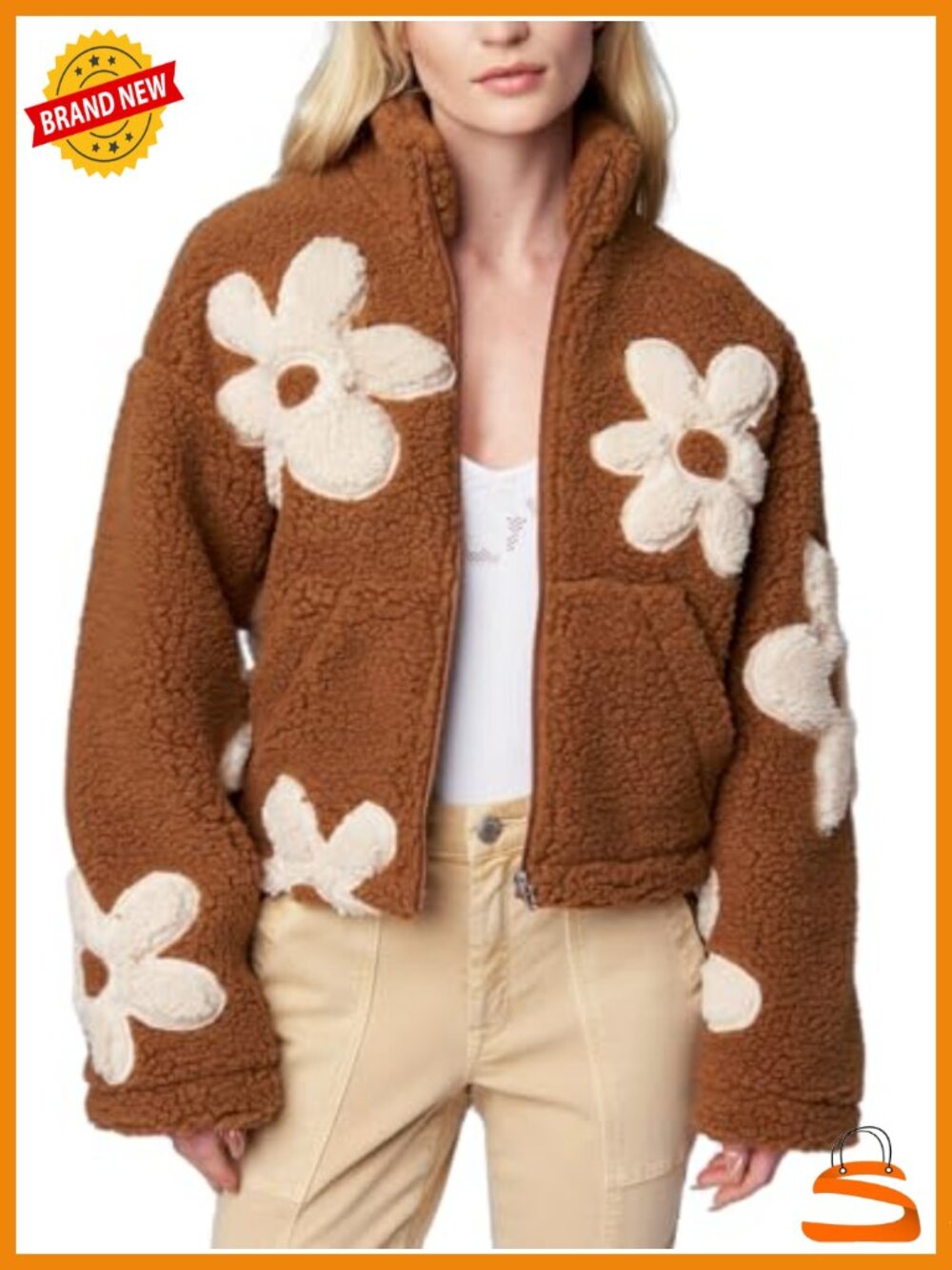 Floral Sherpa Fleece Cropped Zip Jacket with Pockets